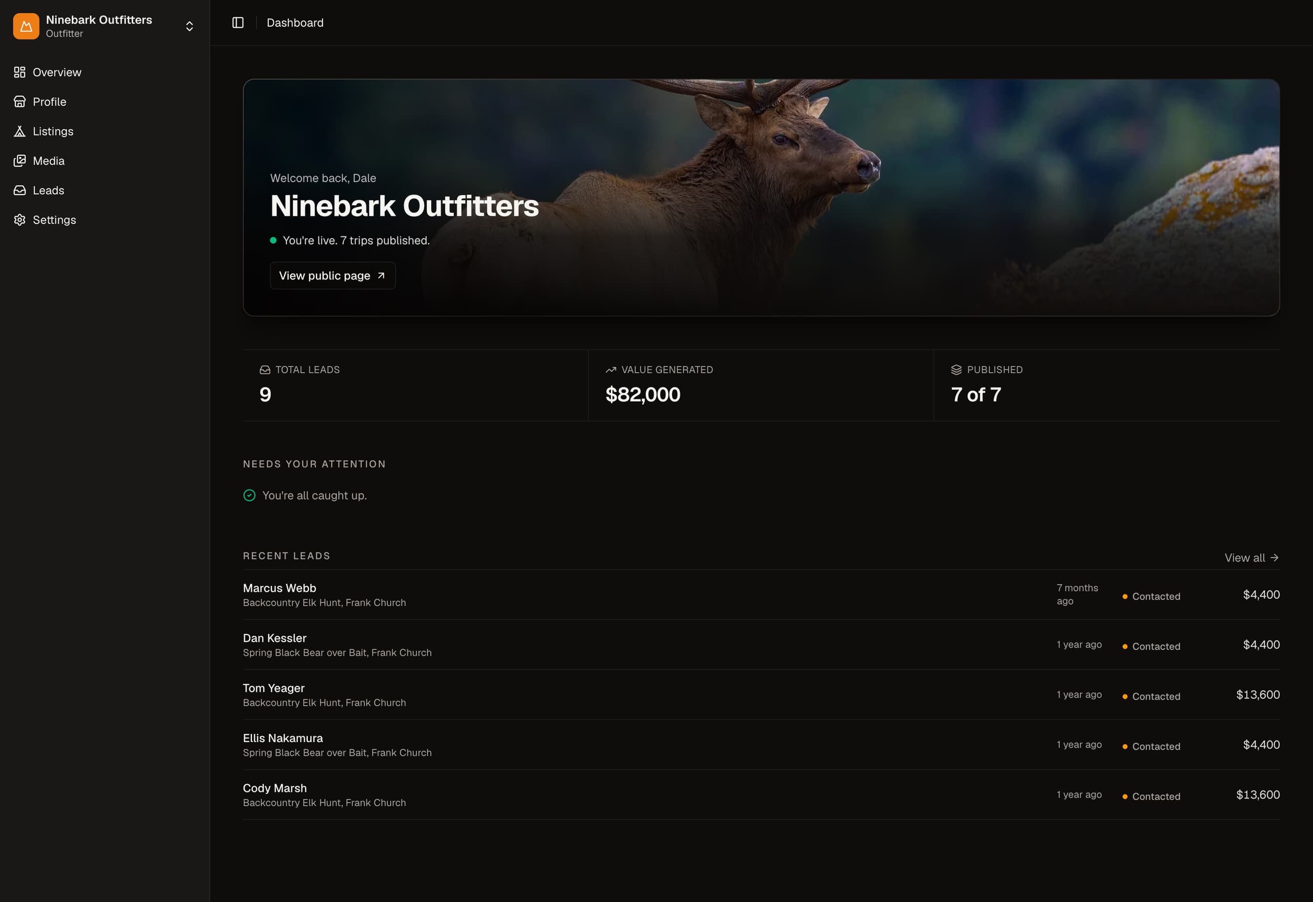 The WildHQ outfitter dashboard: a sample account showing published trips, total leads, value generated, and a recent leads feed. Figures are illustrative.