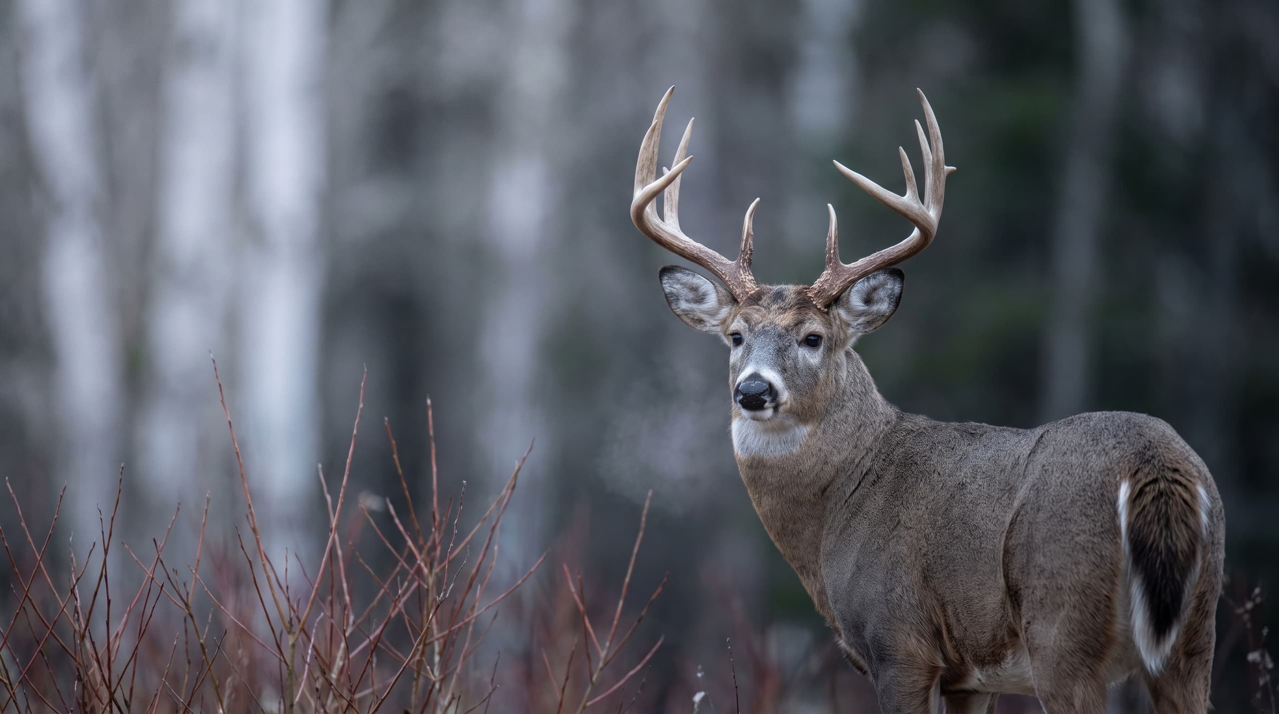 A mature whitetail buck in grey winter coat standing in thin snow at the edge of boreal timber, his breath showing in the cold, bare red willow crossing the foreground and the birch and spruce behind him thrown out of focus.
