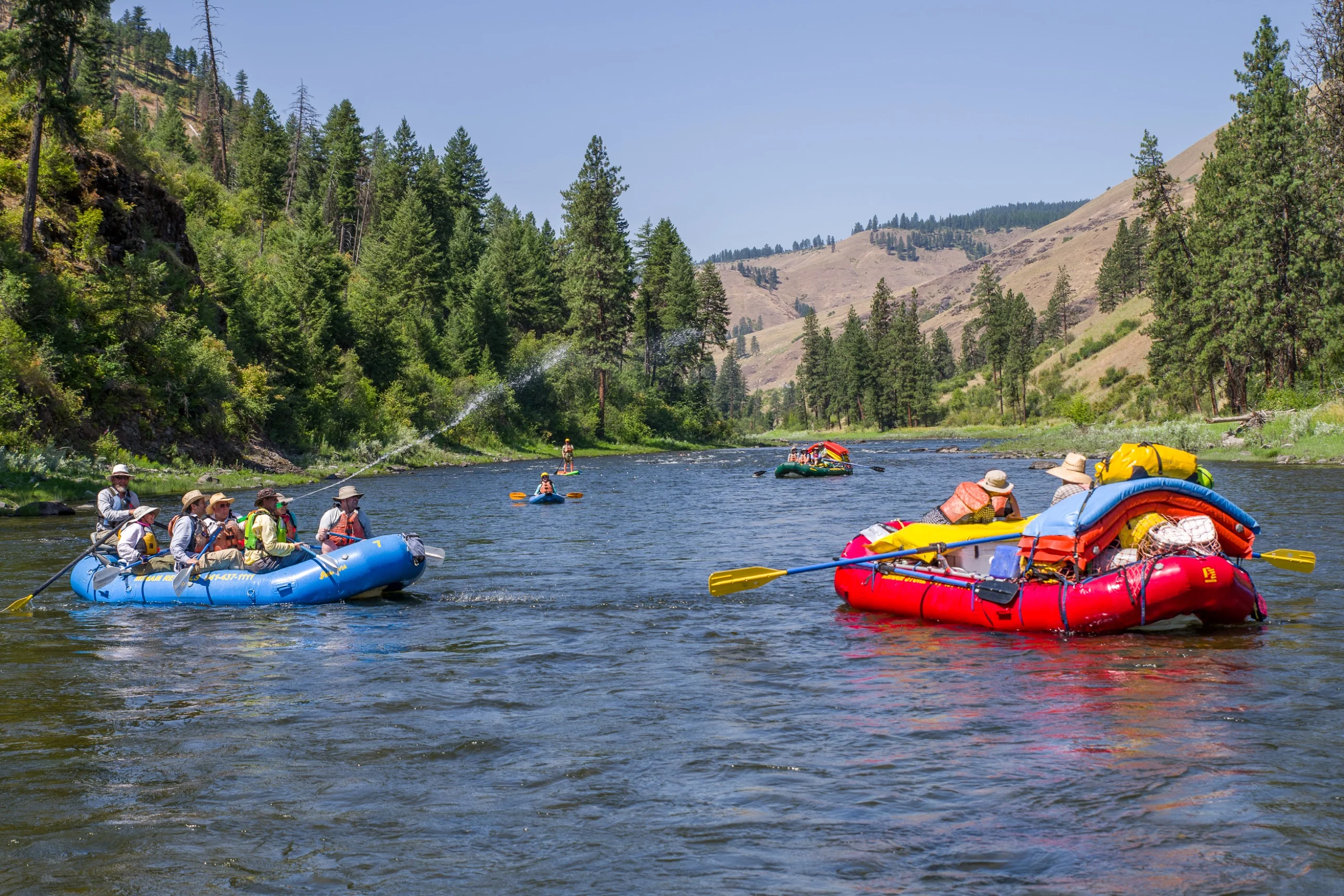 Rafts and paddlers on the Grande Ronde below timbered slopes