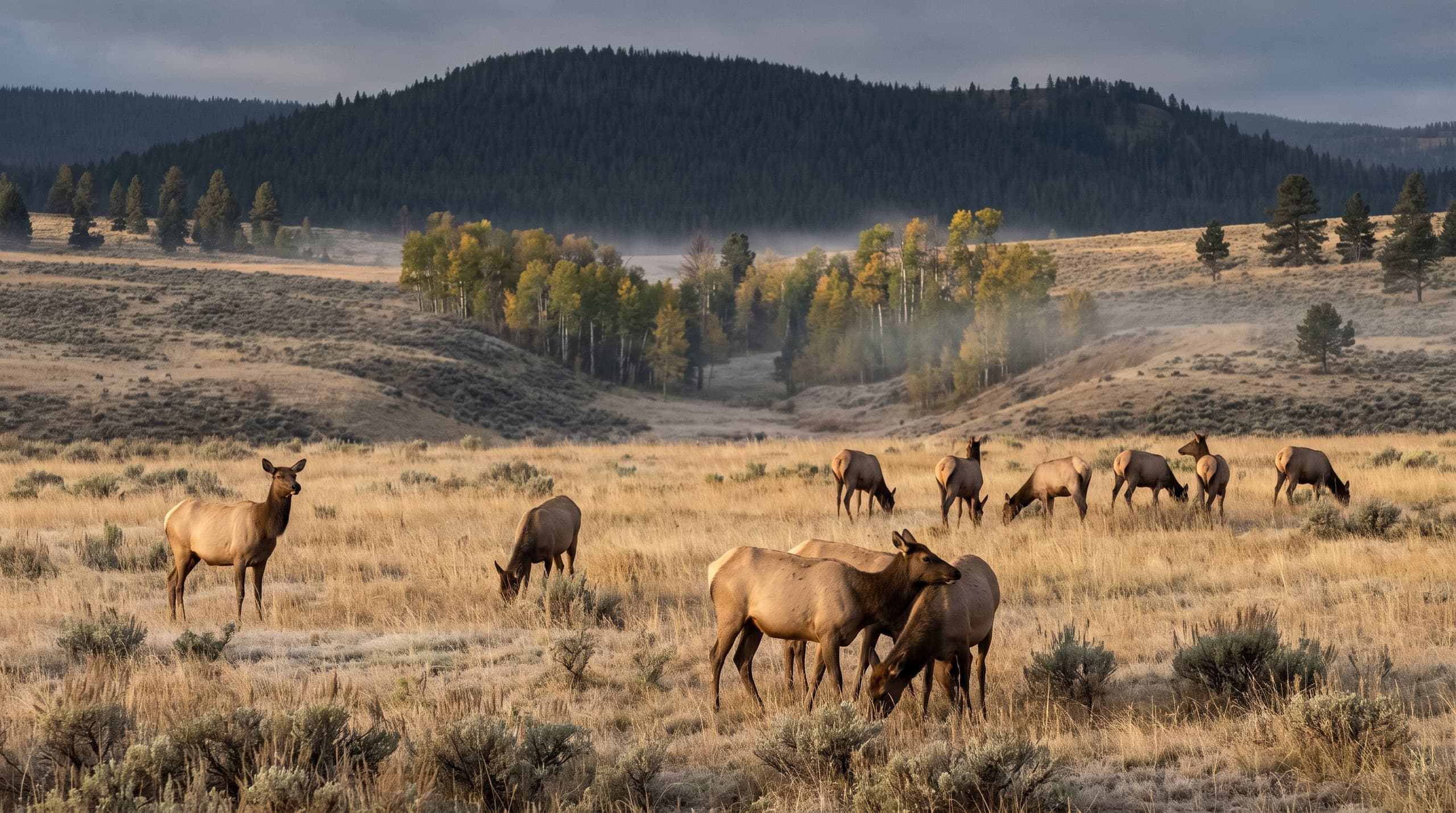 A small herd of cow elk feeding in an open sage and grass park at first light, a long timbered ridge and an aspen draw behind them